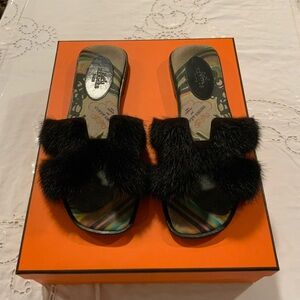 Hermes Black Mink Fur H Oran Slides 36 6